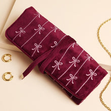Load image into Gallery viewer, Bow embroidered velvet jewellery roll - burgundy