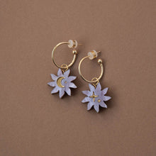 Load image into Gallery viewer, Sleepy sun hoops - lilac marble & gold