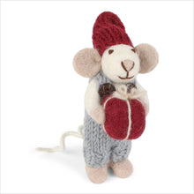 Load image into Gallery viewer, Xmas decs - white mouse w/ light blue trousers &amp; present - small
