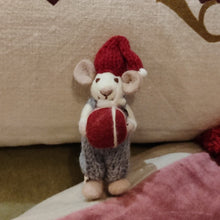 Load image into Gallery viewer, Xmas decs - white mouse w/ light blue trousers &amp; present - small
