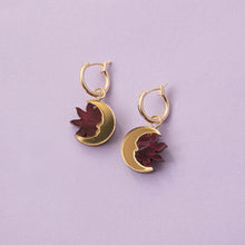 Load image into Gallery viewer, Daydream sun &amp; moon hoop earrings - merlot red &amp; gold
