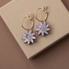 Load image into Gallery viewer, Sleepy sun hoops - lilac marble &amp; gold
