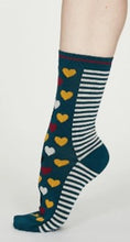 Load image into Gallery viewer, Eileen heart stripe bamboo socks - teal blue
